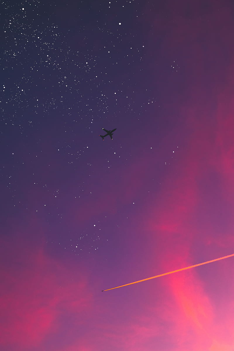Flight, Damian, clouds, colors, moon, nature, plane, sky, stars, sunset, HD phone wallpaper