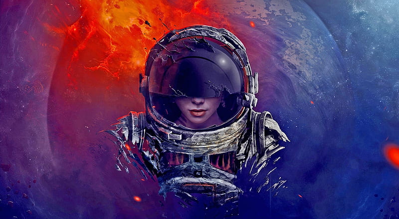 Astronaut, red, fantasy, helmet, girl, blue, HD wallpaper