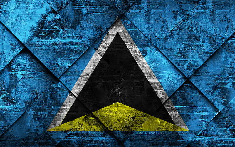 Flag of Saint Lucia grunge art, rhombus grunge texture, Saint Lucia flag, North America, national symbols, Saint Lucia, creative art, HD wallpaper