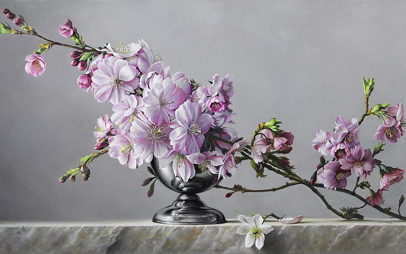 Spring bouquet, sakura, luminos, pieter wagemans, vase, spring, silver, blossom, bouquet, painting, flower, pictura, pink, HD wallpaper
