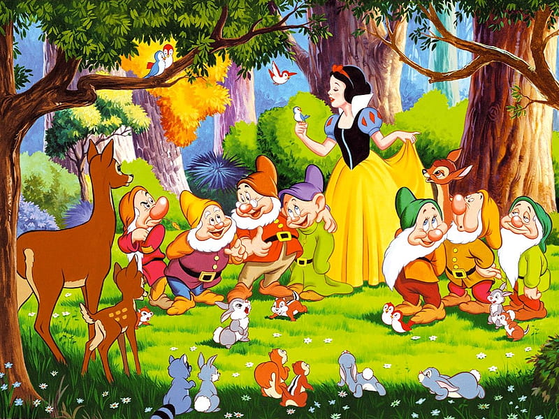 Snow White and the Seven Dwarfs, fantasy, girl, snow white, gnome, princess, dwarf, disney, forest, deer, animal, HD wallpaper