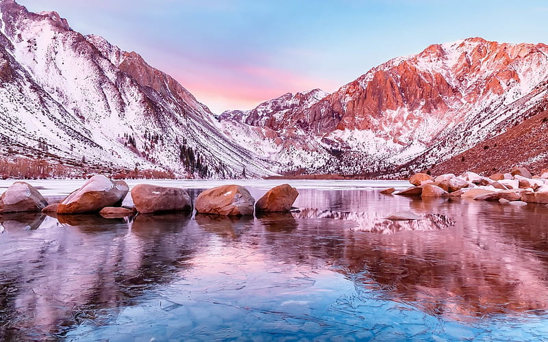 winter, frozen lake, sunset, mountains, mountain lake, HD wallpaper