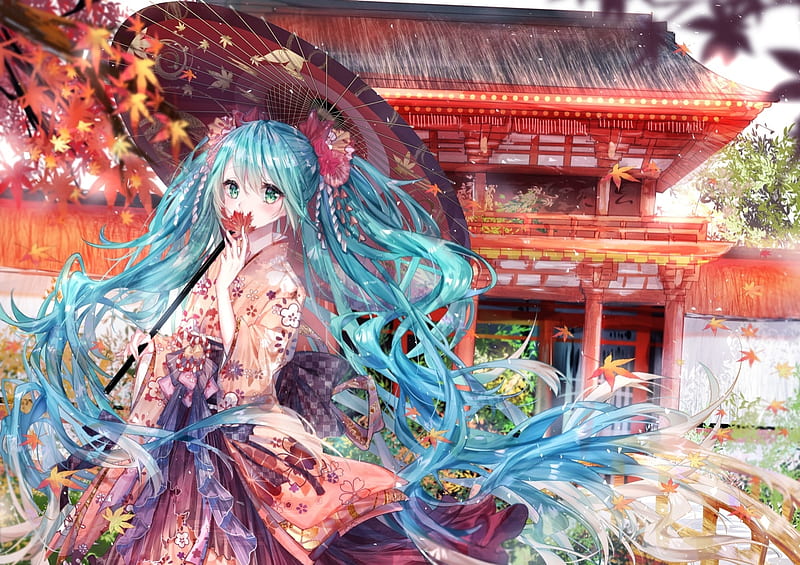 Hatsune Miku, anime, toamna, manga, blue, autumn, orange, umbrella, leaf, kity1211 tetsu, parasol, HD wallpaper