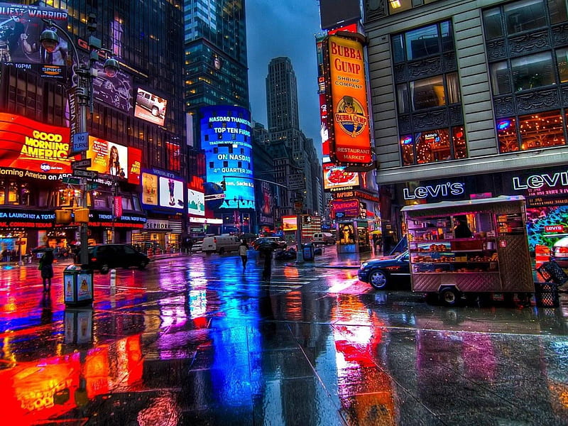 Reflection, Manhattan, Times Square, New York, Neon Sign, Street • For You, New York City Rain, HD wallpaper