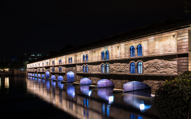 Strasbourg, night, bridge, river, french city, Strasbourg cityscape, France, HD wallpaper