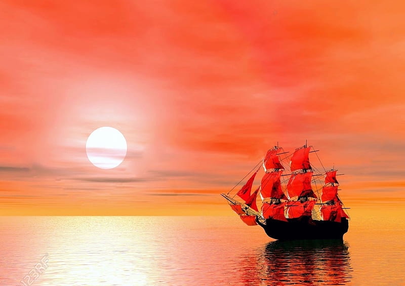 Red Sails at Sunset, red, sun, water, boat, sails, sunset, HD wallpaper