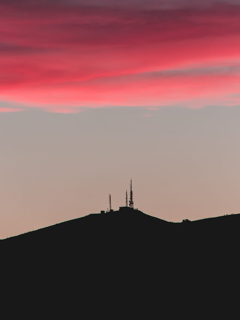 hill, tower, sunset, silhouette, HD phone wallpaper