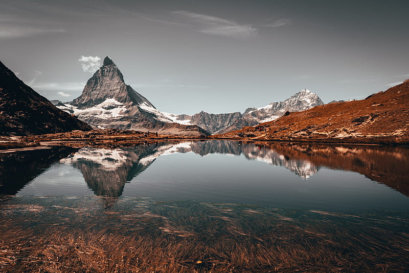 peak, mountain, lake, reflection, rocks, HD wallpaper