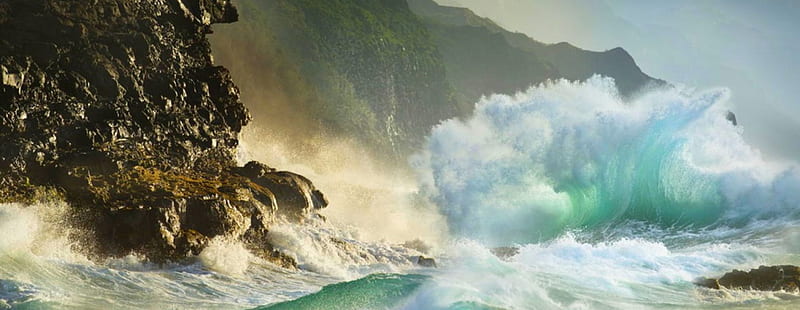 Fantails, seashore, green, cliffs, ocean, bonito, waves, white, coast, HD wallpaper