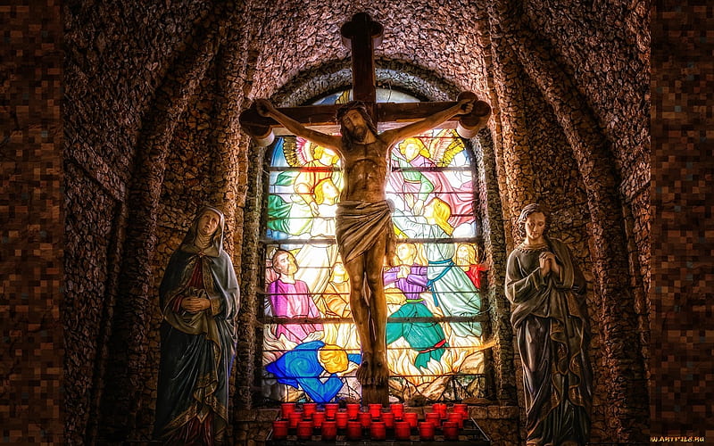 Crucifix, Christ, stained glass, John, church, Jesus, Mary, HD wallpaper