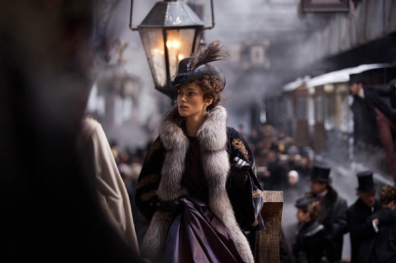 Keira Knightley in “Anna Karenina”, movie, keira knightley, woman, hat, train, girl, anna karenina, actress, station, drama, fur, HD wallpaper