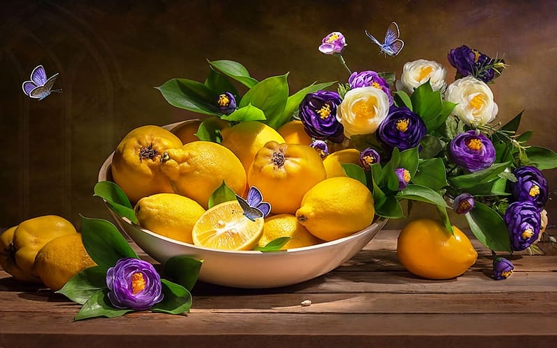 Still Life, Flower, Butterfly, Bowl, Lemon, Fruit, HD wallpaper