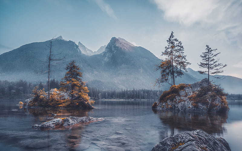 mountain lake, morning, autumn, mountain landscape, fog, rocks, Alps, Bavaria, Germany, HD wallpaper