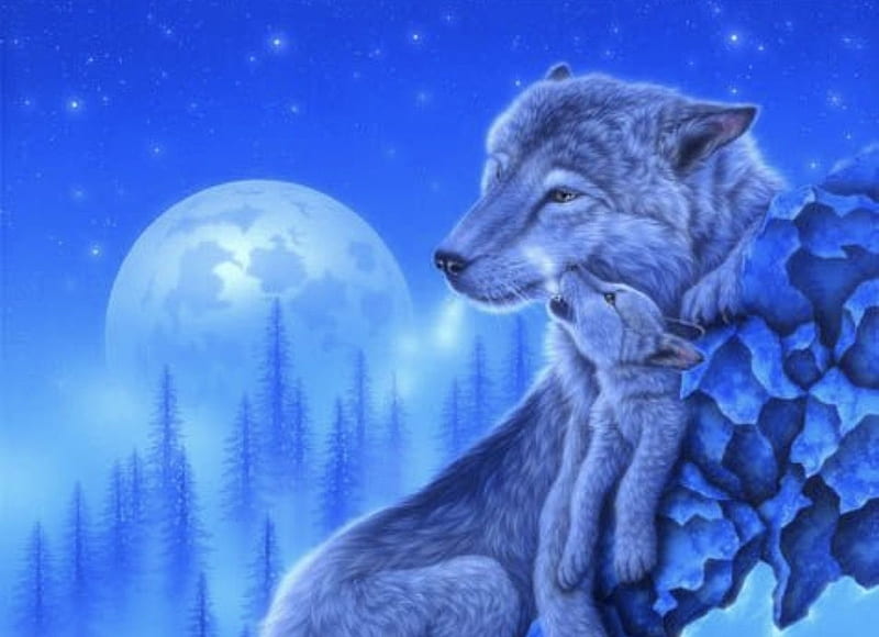 cub, wolf, white, kiss, blue, art, moon, kentaro nishino, winter, moon, fantasy, lup, HD wallpaper