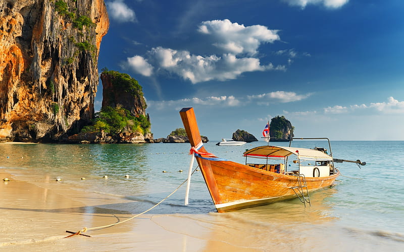 secluded thai beach, beach, boat, rock, ocean, HD wallpaper