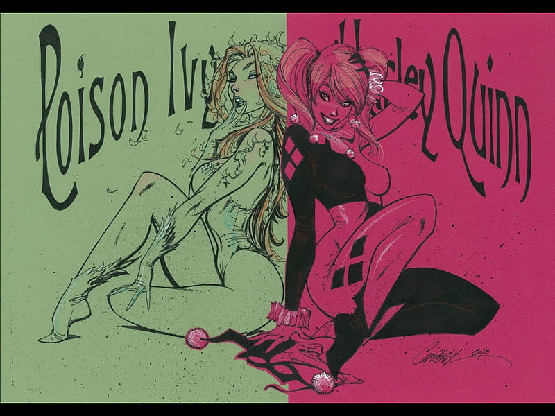 Poison Ivy & Harley Quinn, art, female, harley quinn, quinn, poison, poison ivy, geen, comic, fantasy, ivy, pink, harley, HD wallpaper