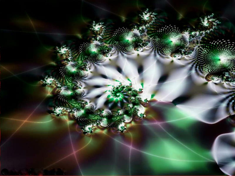 green jewels sparkle, silver, green, spiral, fractal, HD wallpaper