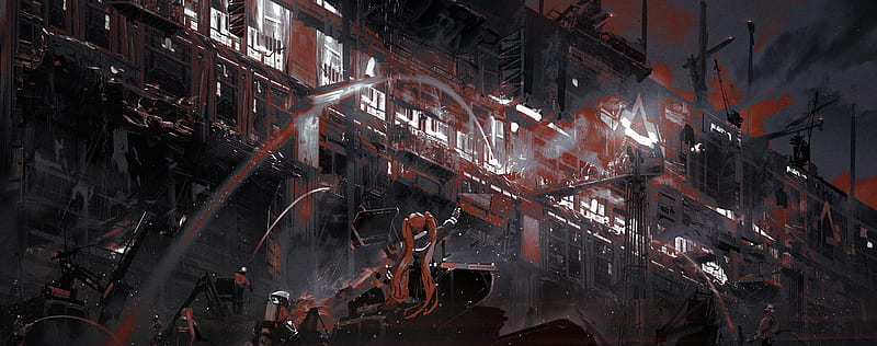 futuristic anime landscape, building, flames, firefighters, Anime, HD wallpaper