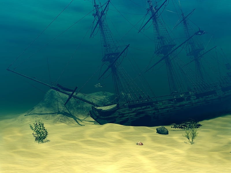 Sunken Ship, sunken, ship, dolphins, moonchilde, stoche, HD wallpaper