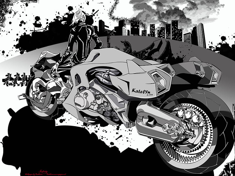 Lets Ride, vehicle, male, kilik, black and white, shadow, motorbike, monochrome, clouds, motorcycle, wheels, anime, air gear, HD wallpaper
