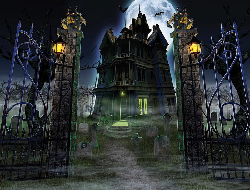 Iron Gates To Hell, hauted house, lanterns, halloween, full moon, mansion, iron gates, fog, mist, HD wallpaper