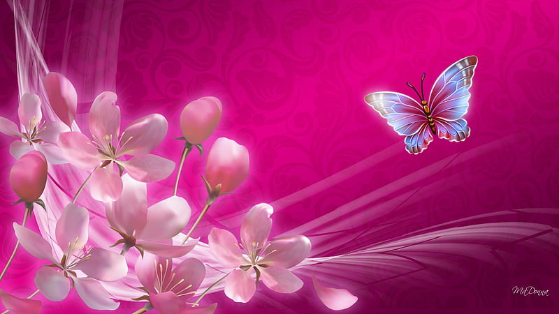 Celebration of Spring, Sakura, spring, bleurs, apple blossoms, cherry blossoms, butterfly, bright, blossoms, flowers, blooms, smoke, pink, HD wallpaper