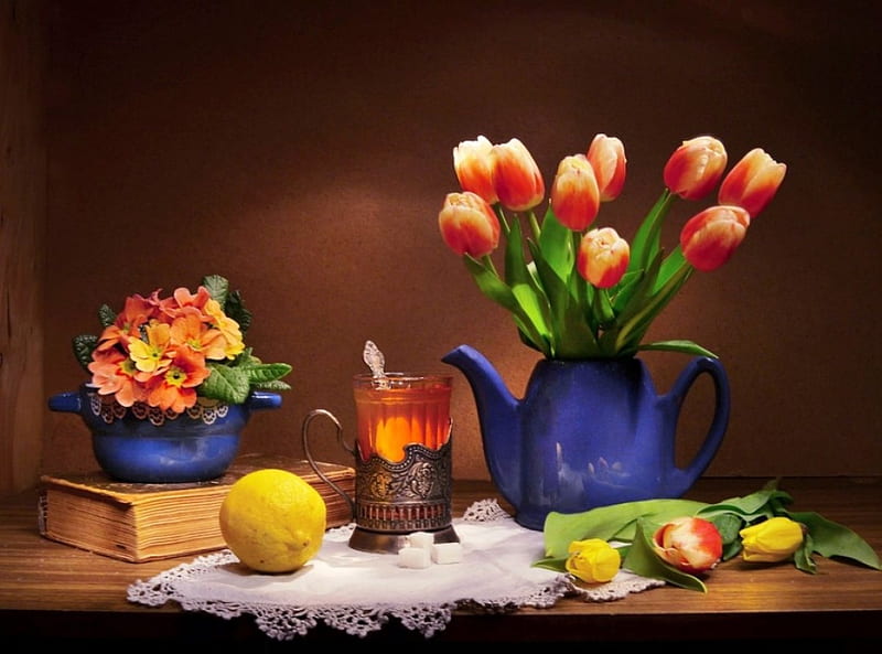 Spring flowers, red, brown, orange, fruits, book, yellow, vase, tea, still life, graphy, primrose, drink, tulips, blue, table, dark background, spring, abstract, lemon, cup, HD wallpaper