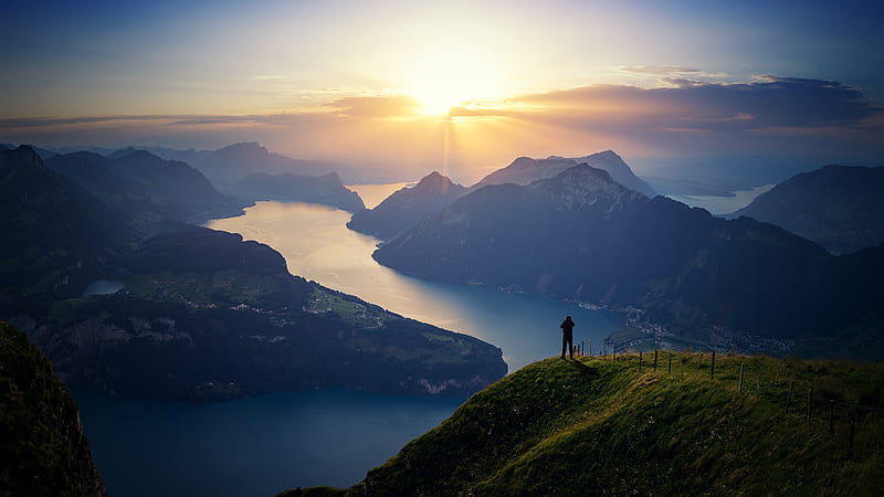 The Overlook of Lake Lucern, Mountains, Sun, Lakes, Switzerland, Nature, HD wallpaper