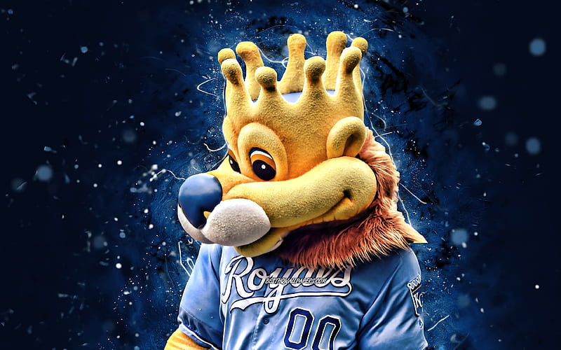 Sluggerrr, mascot, Kansas City Royals, blue neon lights, MLB