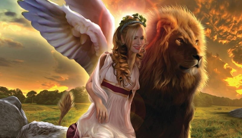 Angel and Lion, pretty, art, female, angel, bonito, woman, lion, fantasy, girl, digital, HD wallpaper