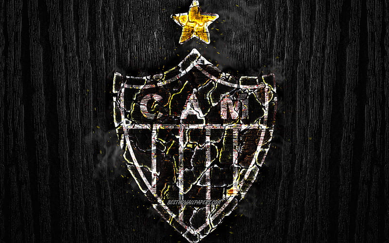 Atletico Mineiro FC, scorched logo, Brazilian Seria A, black wooden background, brazilian football club, Atletico MG, grunge, football, soccer, Atletico Mineiro logo, fire texture, Brazil, HD wallpaper