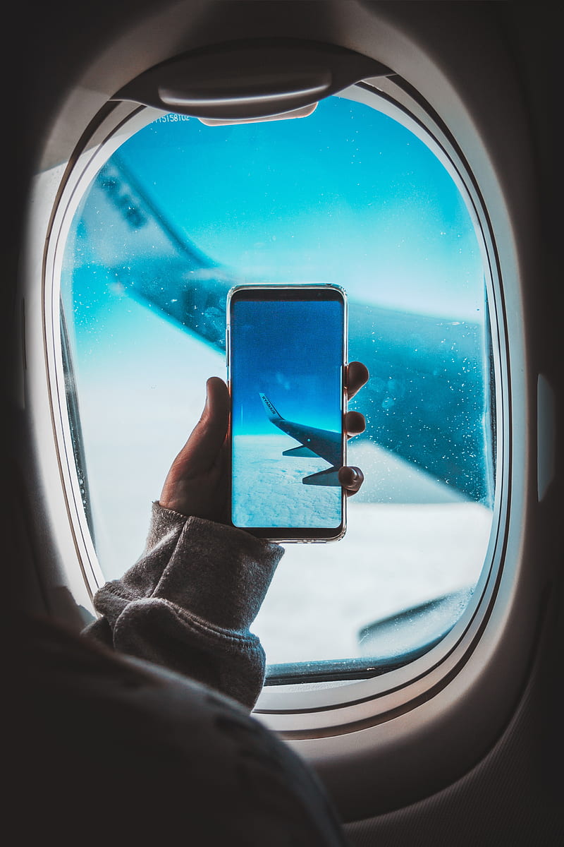 wing, airplane, hand, porthole, sky, smartphone, HD phone wallpaper