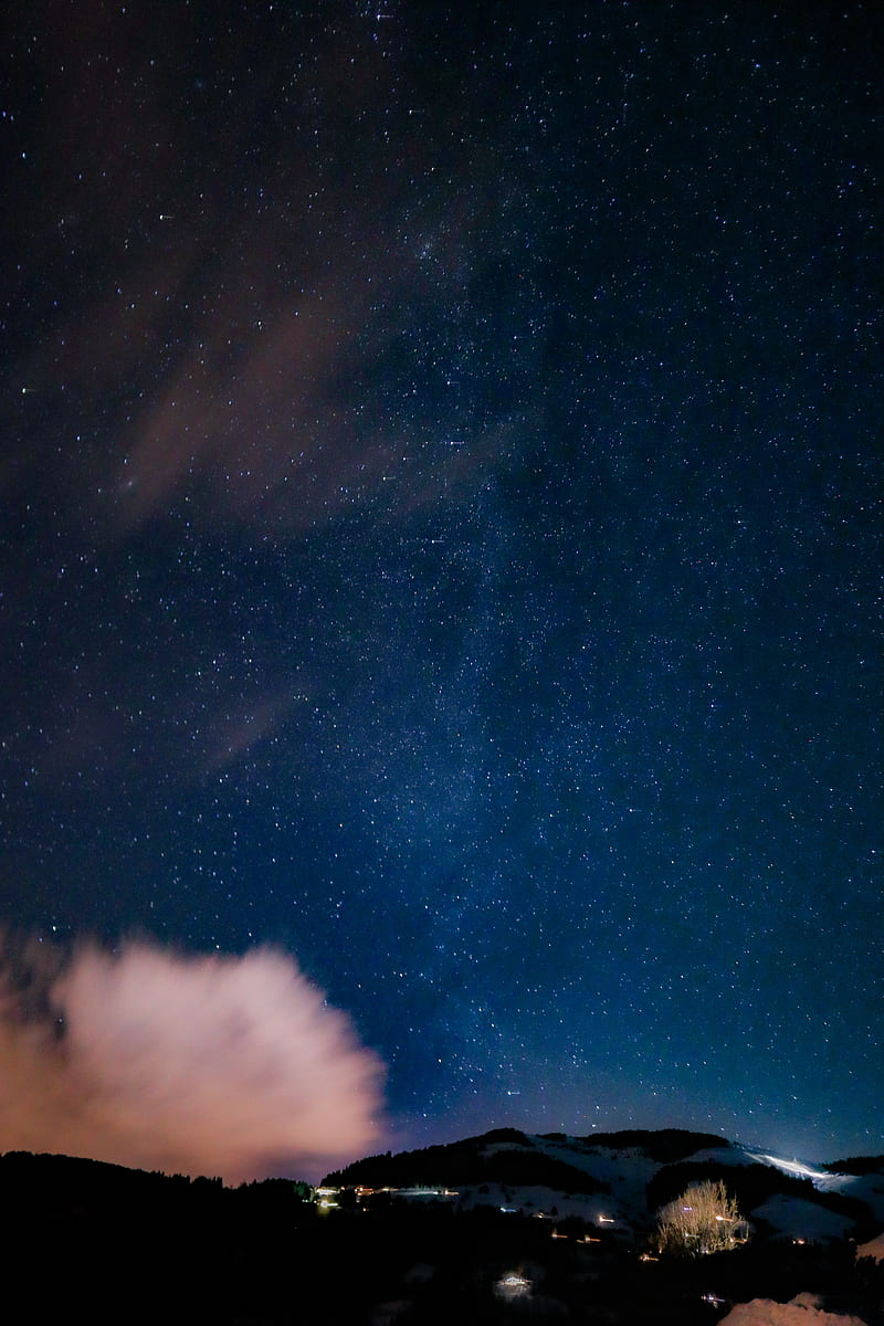 mountains, starry sky, night, landscape, dark, HD phone wallpaper