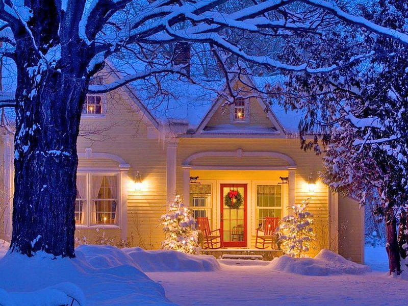 Inviting, house, snow, trees, lights, night, winter, HD wallpaper | Peakpx