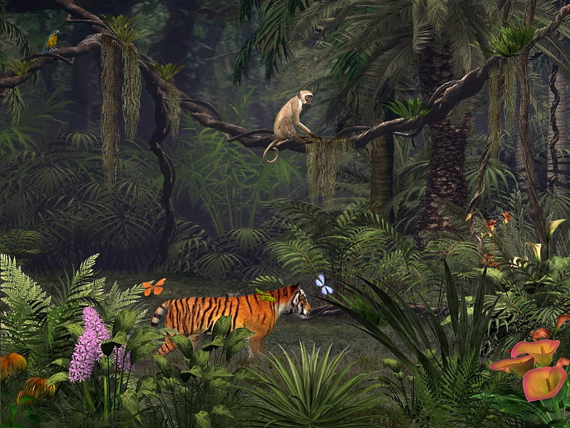 Beautyfull Jungle, jungle, 3d, cg, lion, HD wallpaper