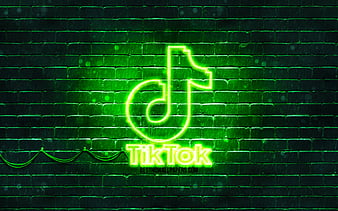 TikTok green logo green brickwall, TikTok logo, social networks, TikTok neon logo, TikTok, HD wallpaper
