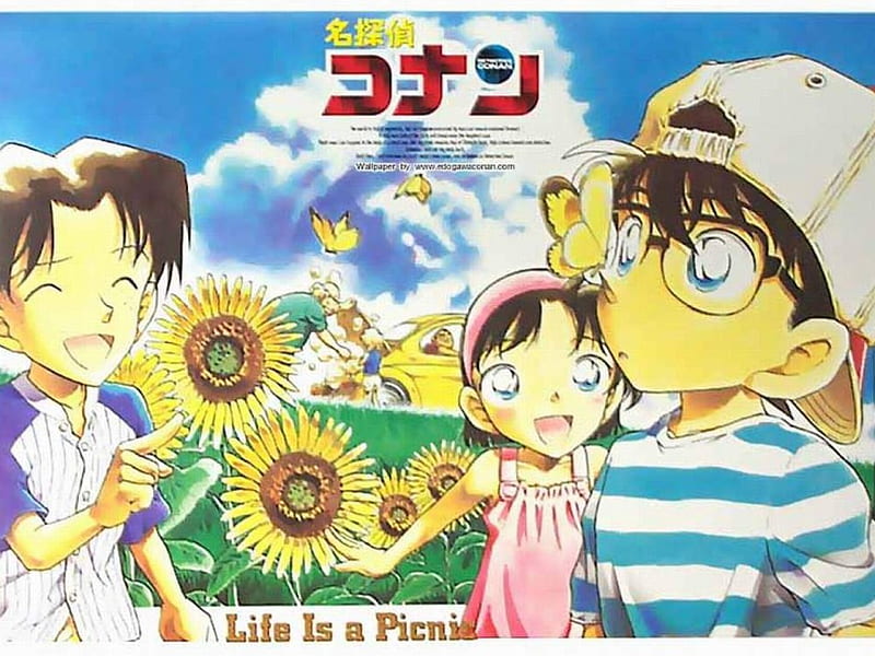 Detective Conan, Ayumi Yoshida, Summer, Sunflower, Butterfly, Cute, Conan Edogawa, summer time, Agasa, Mitushiko, HD wallpaper