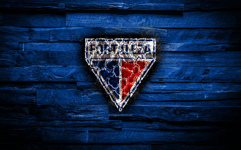 Fortaleza FC, burning logo, Seria A, blue wooden background, brazilian football club, grunge, Fortaleza EC, football, soccer, Fortaleza logo, fire texture, Brazil, HD wallpaper