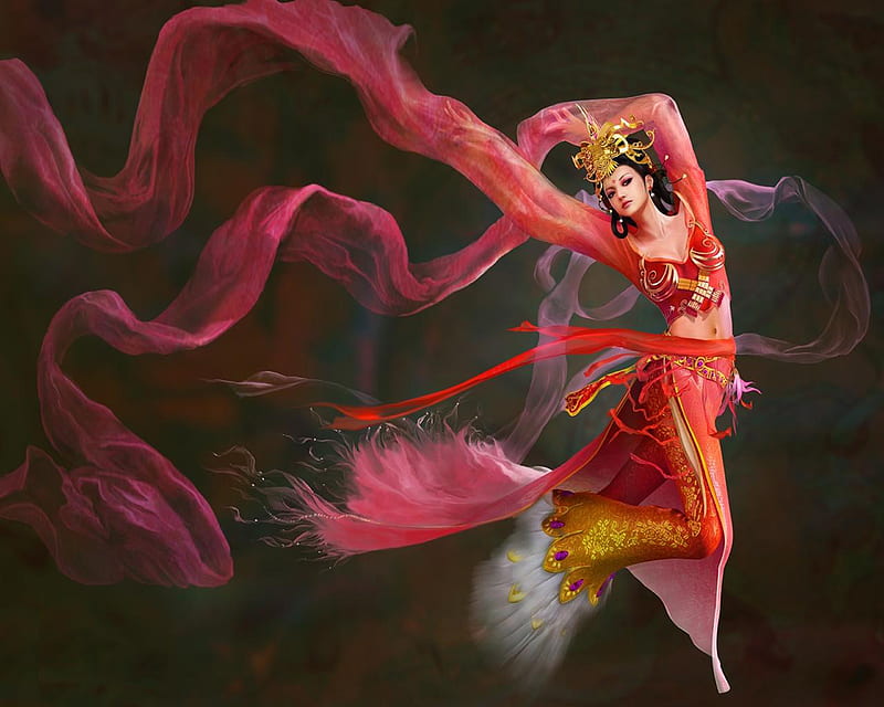 Dancer, red, fantasy, diao chan, luminos, girl, HD wallpaper