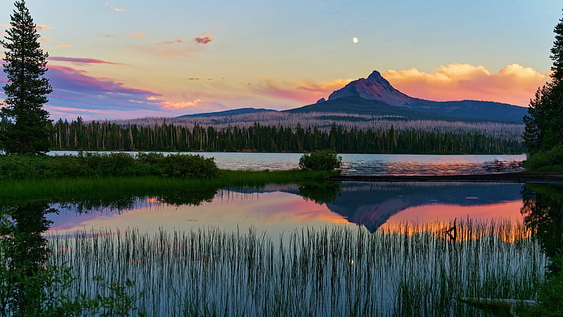 August evening view of Mt. Washington, OR, hills, colors, clouds, landscape, sky, water, lake, reflections, sunset, HD wallpaper