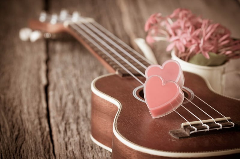 guitar, romantic, love, heart, flowers, vintage, HD wallpaper