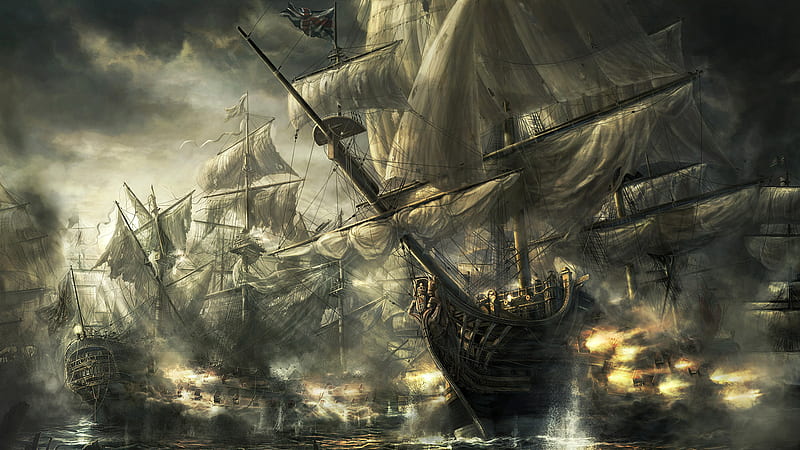 Ships at War, battle, ship, galeon, pirate, HD wallpaper