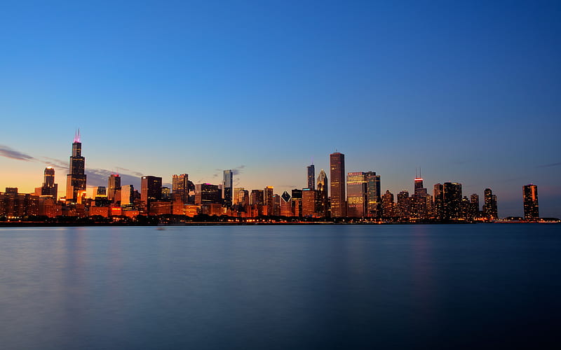 chicago, skyline, cityscape, skyscrapers, water, clear sky, City, HD wallpaper