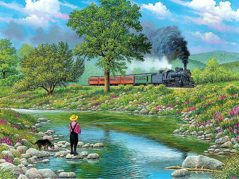 Around the bend, train, painting, steam, creek, man, trees, artwork, dog, HD wallpaper