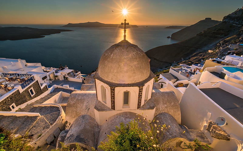 Santorini, Oia, Thira, church, evening, Aegean Sea, romantic city, seascape, Greece, HD wallpaper
