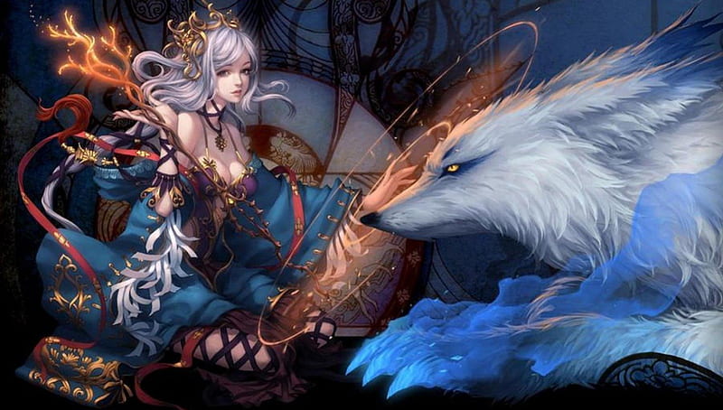 Wolf Spirits, wolf, girl, blue, spirits, HD wallpaper Wolf Spirits, wolf, girl, blue, spirits, HD wallpaper