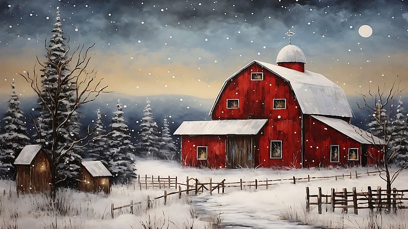 Christmas Barn, winter, barn, snow, christmas, HD wallpaper