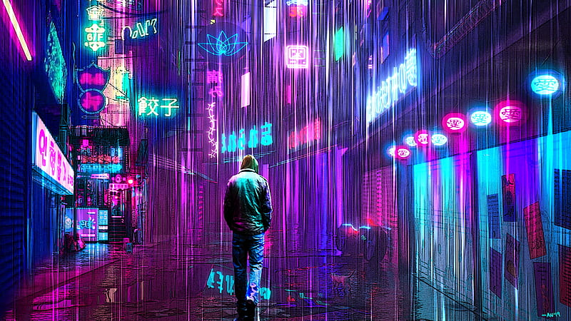 man, walking, neon lights, raining, shops, Sci-fi, HD wallpaper