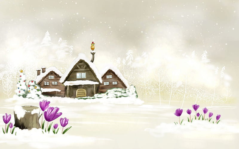 Spring, art, house, crocus, winter, fantasy, purple, snow, flower, white, pink, vector, HD wallpaper