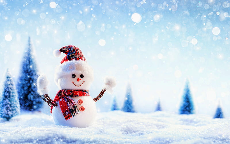 snowman, winter, snowfall, forest, 3D art, snowflakes, snowdrifts, HD wallpaper